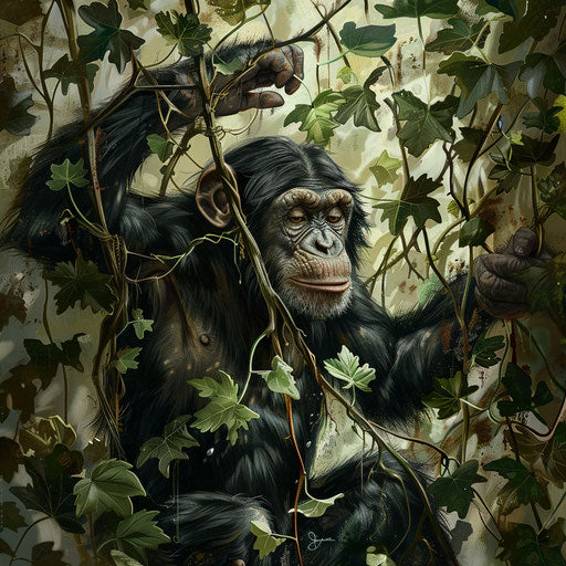 Chimpanzee playing with vines in the tropical forest