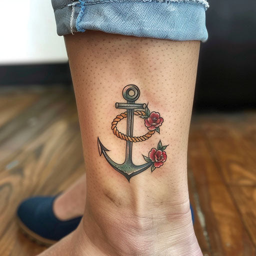 Ankle tattoos Sailor Jerry style with anchor and rope