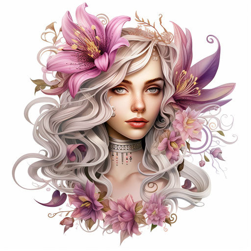 Lilly portrait on white background, decorative elements style, light magenta and light amber colors, realistic light and color use, high resolution