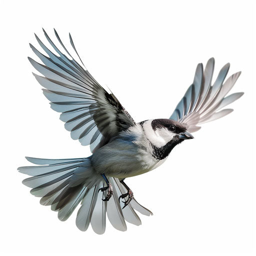 Realistic flying bird clipart on white flat background, soft shadows