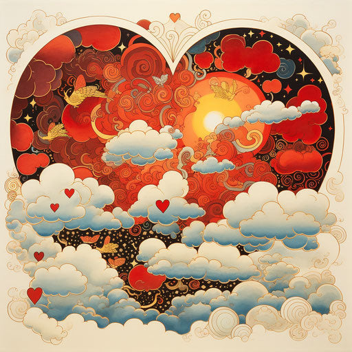 Japanese clouds and red hearts with gold rim on white