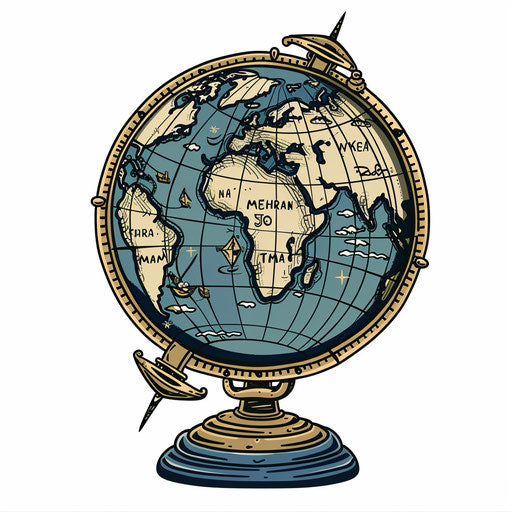 Traditional sketch of a globe with historical trade routes