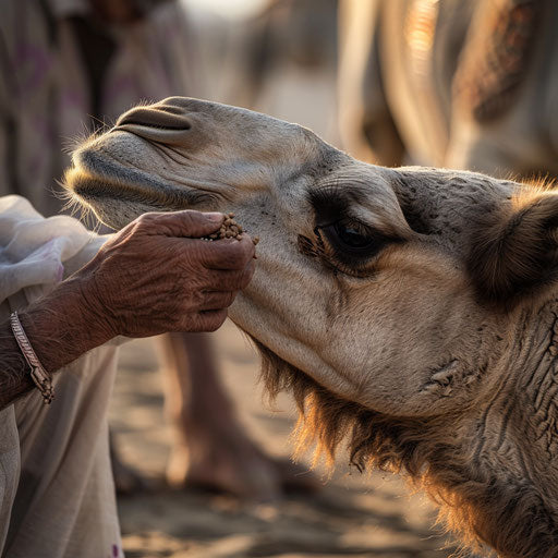 Intimate moment of a camel feeding from a villager's hands