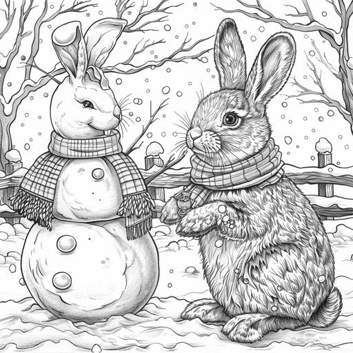 A bunny building a snowman in a winter wonderland