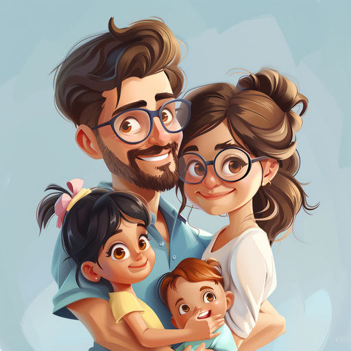 Happy family illustration on brandon blue background in realistic style