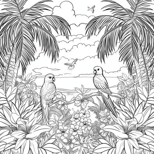 Tropical paradise with palm trees and exotic birds