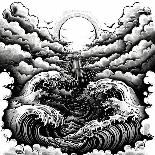 Flat tattoo sketch of the parting of the Red Sea