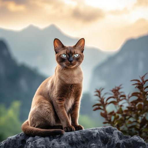 Burmese cat in front of mountain scenery