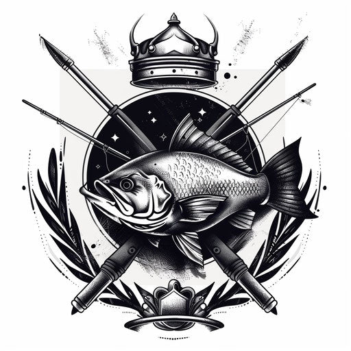 Bold and graphic tattoo illustration of a fishing badge on white.