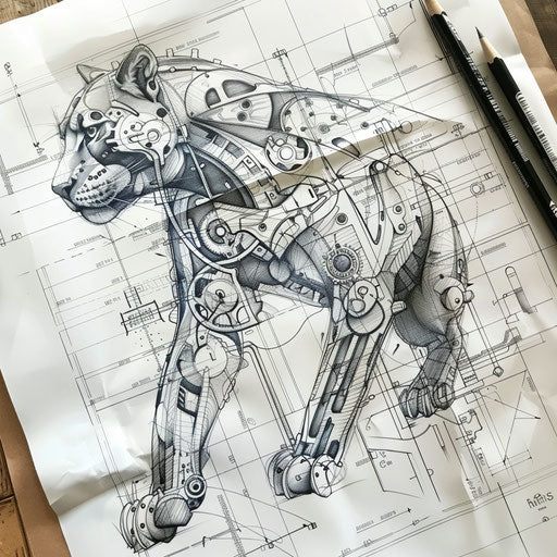 Steampunk panther tattoo on engineering blueprint