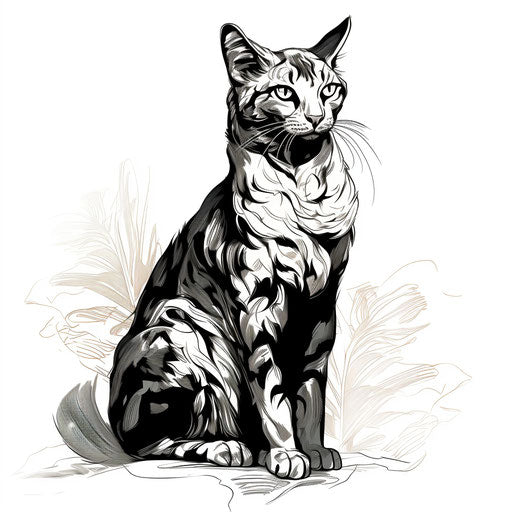 A detailed wildlife-style drawing of a sitting cat
