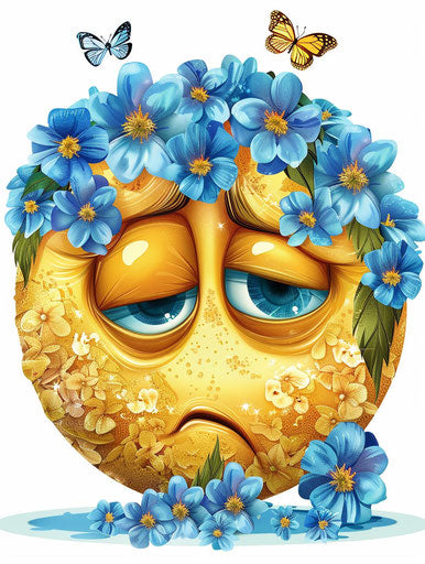 Yellow sad and confused face with black eyes, blue flowers and butterflies