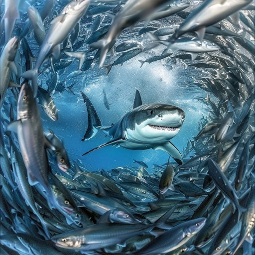 Great white shark hunting in a school of fish