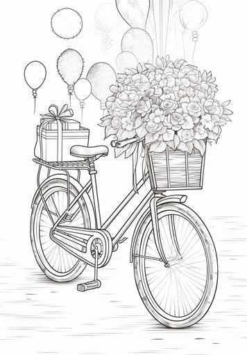 Happy birthday coloring page with cake, balloons and words happy birthday