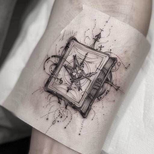 Gothic book of spells tattoo, open to a mysterious page with ancient runes and symbols, on white background.