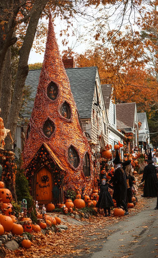 Quaint New England town decorated for Halloween