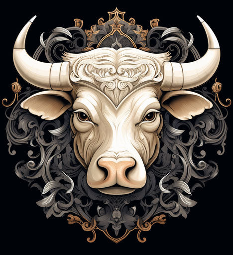 White bull with geometric designs, mythological style