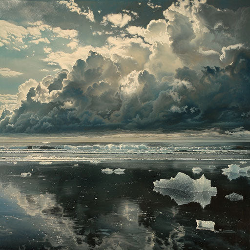 Seascape: Diamond Beach, Iceland, with dramatic clouds and shimmering ice