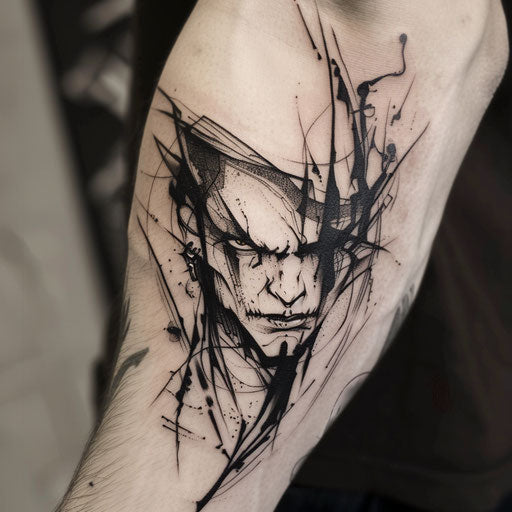 Dynamic flat tattoo sketch of a vampire in mid-transformation with abstract shadow elements