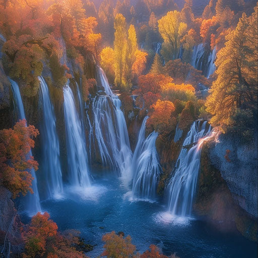 Burney Falls, California, at sunrise with vibrant colors