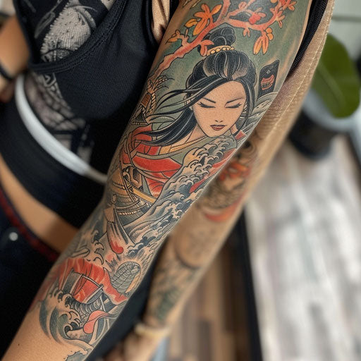 Mother son tattoos with Japanese influences, Ami James style