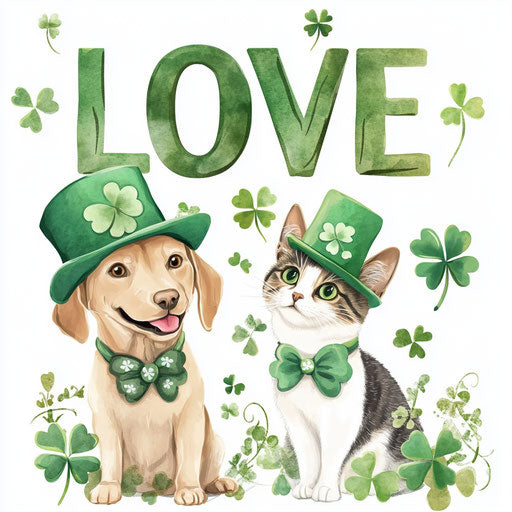 St. Patrick's Day with a cute Labrador Retriever and a cat wearing green hats
