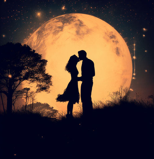 black silhouette of a man and woman standing by the moon