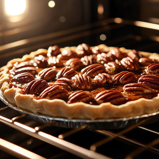 Golden pecan pie baking in the oven