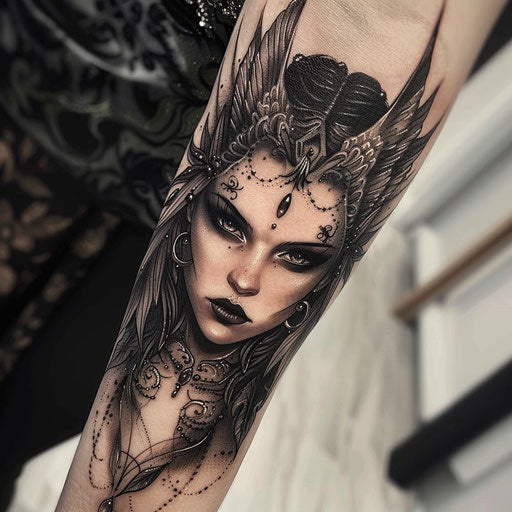 Forearm tattoos for women in the style of Gerald Brom with dark fairies