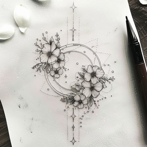 Elegant flat tattoo sketch of the Gemini constellation with delicate floral embellishments