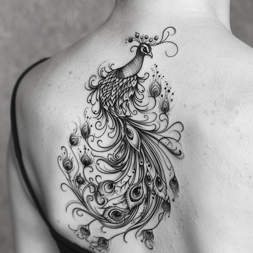 Stylized peacock tattoo with Art Nouveau influences on canvas