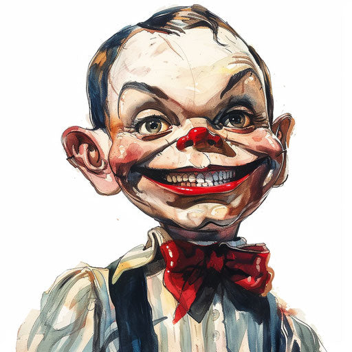Creepy ventriloquist dummy with a sinister smile, horror tattoo on a stark white background