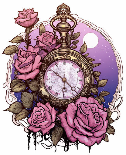 Rose and pocket watch in ink and color style