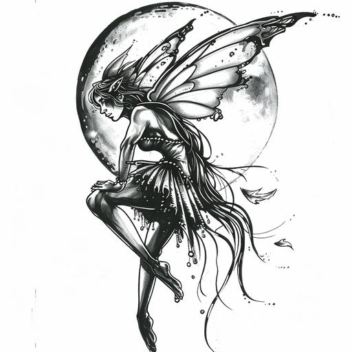 Moonlit night fairy tattoo design with moon reflecting wings