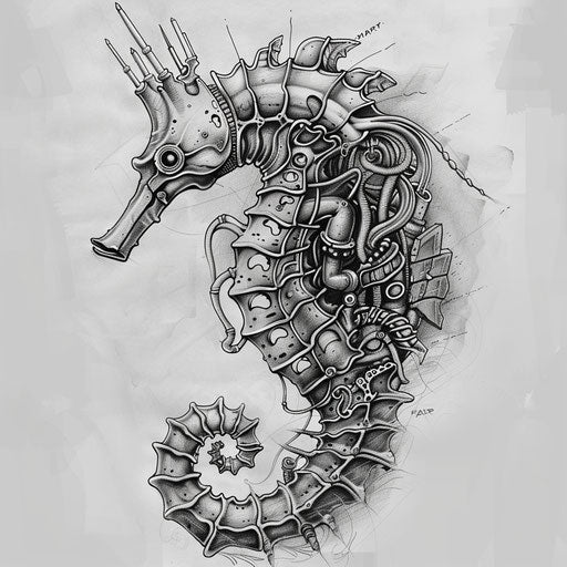 Biomechanical seahorse tattoo sketch blending organic and mechanical elements in a stark monochrome