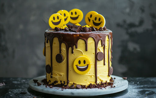 Smiley face cake with yellow and chocolate drips