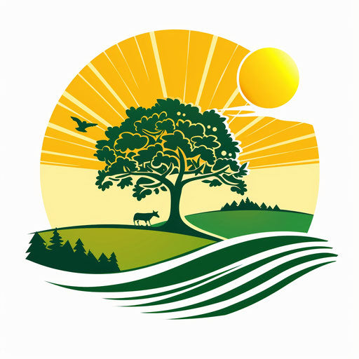 Farm logo with a stylized tree and a bright sky