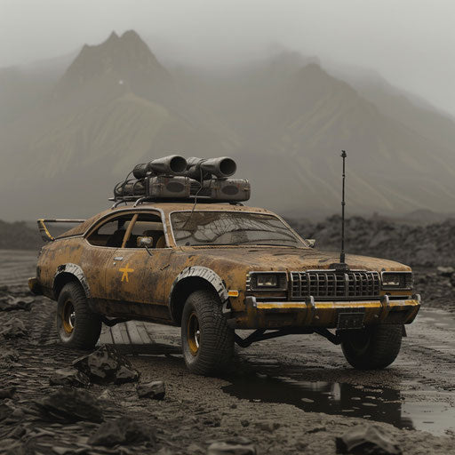 Post-apocalyptic 1976 Malibu Classic with armored plating and survival gear, in a desolate landscape