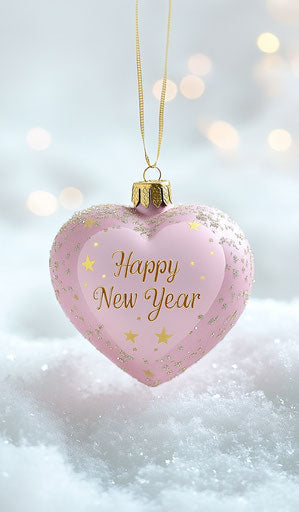 Pink heart with golden text 'Happy New Year' in snow