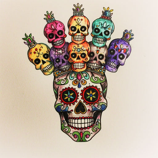Crown of seven small colorful skulls on a sugar skull