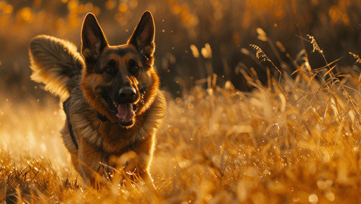 German shepherd dogs running in the grass, light navy and light amber style