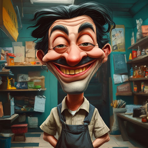 Humorous caricature of a shop caricature with human characteristics