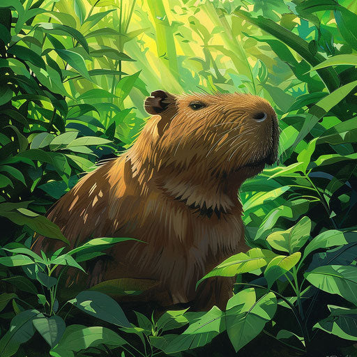 Capybara among lush green foliage with sunlight filtering through