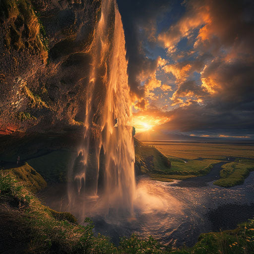 Waterfall in Iceland in a dramatic landscape with intense shadows
