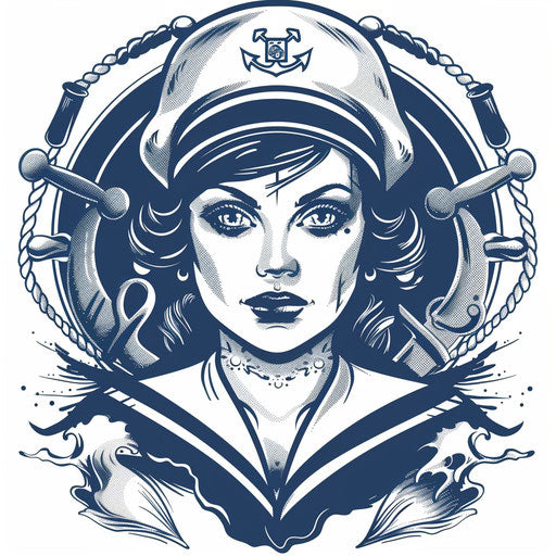 Flat nautical girly tattoo sketch with sailor motifs