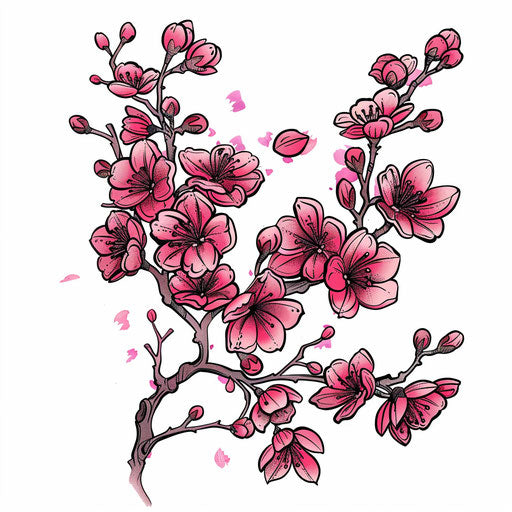 Detailed Japanese cherry blossom tattoo, vivid pink on white