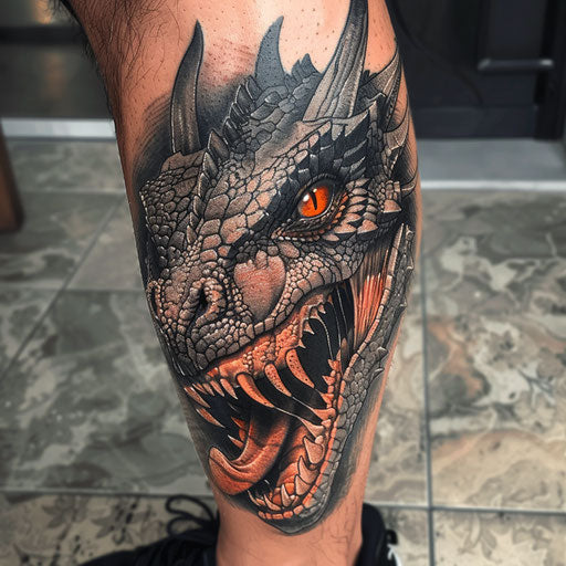 Realism tattoos of a dragon's face, in the style of Humberto Ramos, on the calf