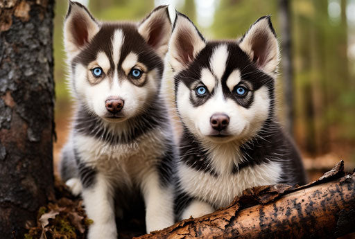 Puppy huskies in the woods, distinct facial features