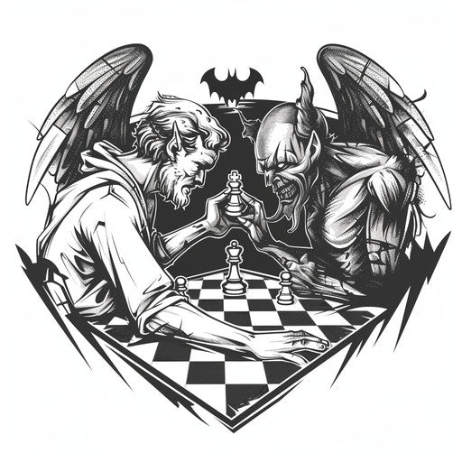 Stylish tattoo sketch with an angel and devil playing chess