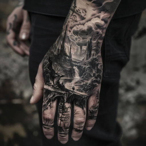 Men's hand tattoo of dark, surreal landscapes